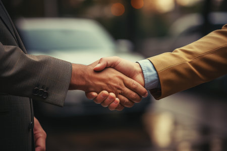 Close up of business people shaking hands outdoors. Businesspeople greeting each other.の素材