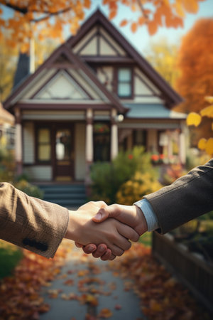 Real estate agent shaking hands with customer after signing contract in front of new houseの素材
