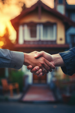 Real estate agent shaking hands with customer after signing contract in front of new houseの素材