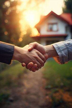 Real estate agent and buyer shaking hands in front of the house.の素材