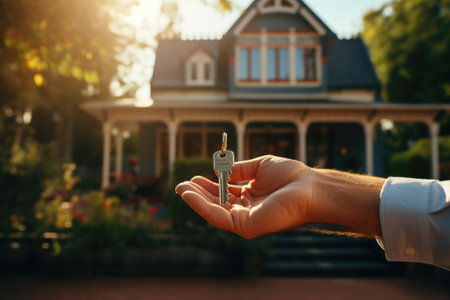 Real estate agent holding keys in hand. Buying and selling a house.の素材