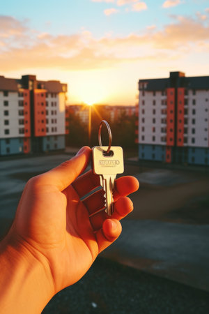 Key in hand on the background of the sunset. The concept of real estate and housing.の素材