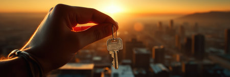 Male hand holding a key on the background of the city at sunsetの素材