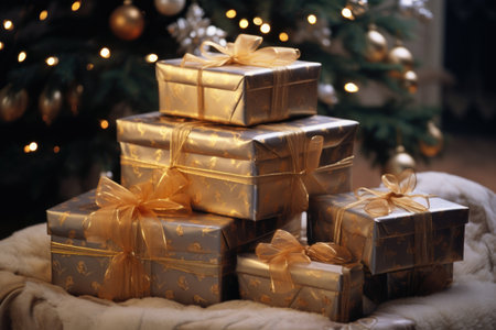 Christmas presents on the background of the Christmas tree. New Year conceptの素材