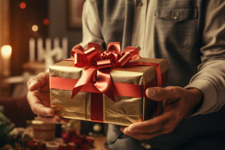 Handsome man holding Christmas gift box at home, closeupの素材