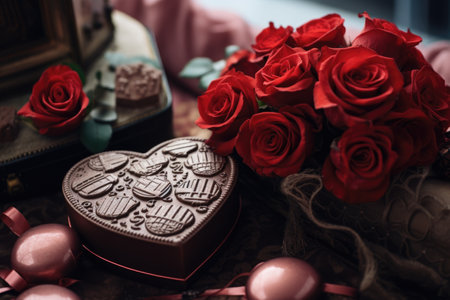 Red roses and a box of chocolate in the shape of a heartの素材