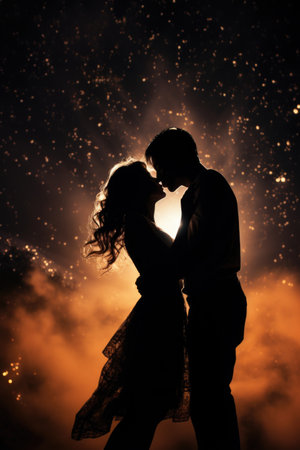 Silhouette of a loving couple against the background of the night skyの素材