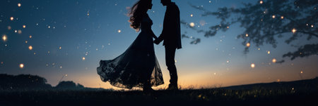 Silhouette of a bride and groom against the background of natureの素材