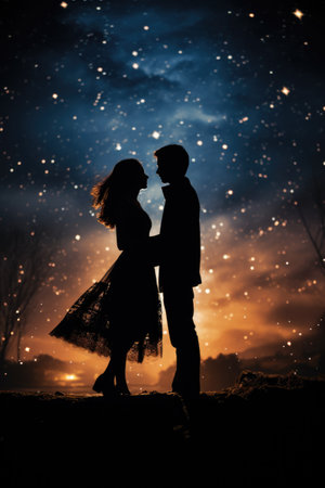 Silhouette of a loving couple on the background of the night sky with starsの素材