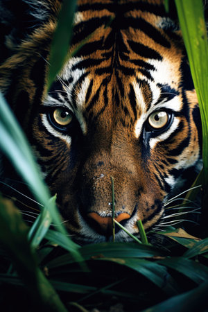 Close up view of a tiger in the grass. (Panthera tigris altaica)の素材