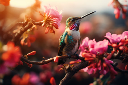 Beautiful hummingbird sitting on a branch with flowers in the backgroundの素材