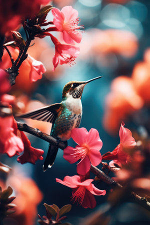 Beautiful hummingbird sitting on a branch of blooming sakura.の素材