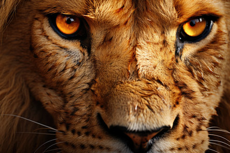 Close-up of a lion's face with big yellow eyes.の素材