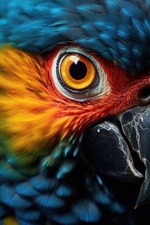 Macaw bird close up. Colorful parrot head close upの素材