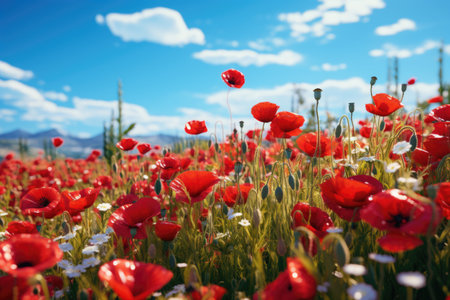Field of red poppies on the background of mountains and blue skyの素材