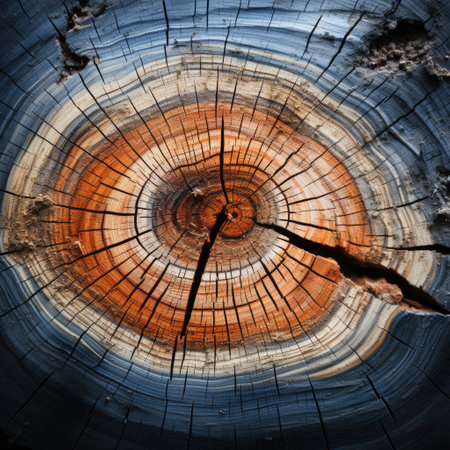 Old wood background. Cross section of tree trunk showing growth rings.の素材