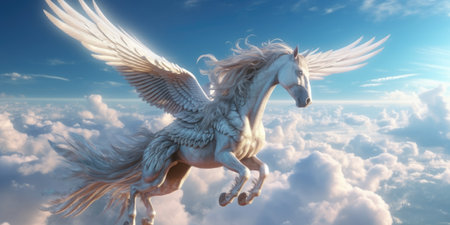 White horse flying in the sky with wings spread.の素材