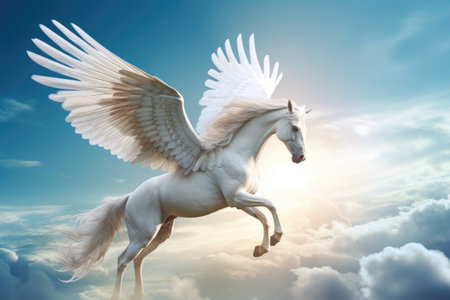 White horse with wings in the sky.の素材