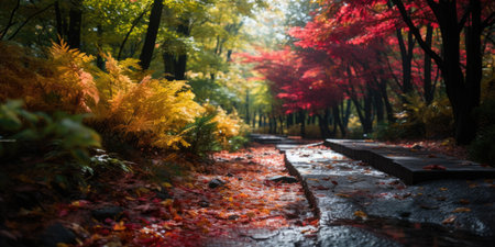 Pathway in the autumn forest with colorful trees and leaves. Nature background.の素材