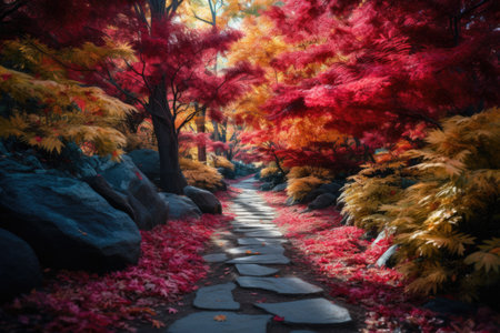 Autumn landscape in the park with colorful trees and stone pathway.の素材