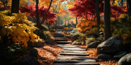 Autumn leaves in the Japanese garden. Beautiful autumn landscape with colorful trees.の素材