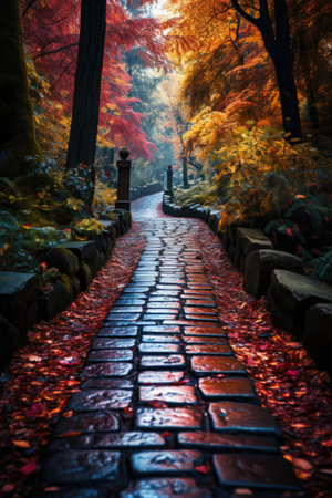 Pathway in autumn forest with colorful leaves. Beautiful autumn landscape.の素材