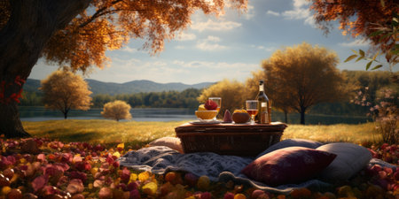 Picnic in the autumn forest. A basket with fruit, a bottle of wine and a blanket on the grass.の素材