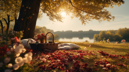 Wedding bouquet of red roses in a basket on the background of the lakeの素材