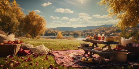 Picnic on the lake in the mountains. Autumn picnic on the lake.の素材
