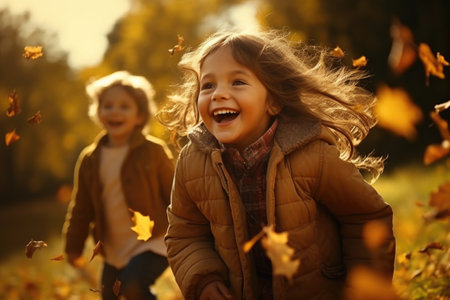 Happy children playing in autumn park. Kids having fun outdoors. Autumn activities for children.の素材