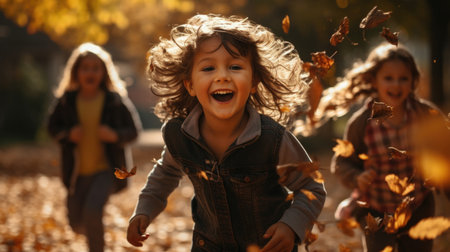 Happy children playing in autumn park. Kids having fun outdoors. Autumn activities for children.の素材