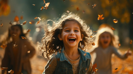 Happy little girl playing with autumn leaves in the park. Autumn concept.の素材