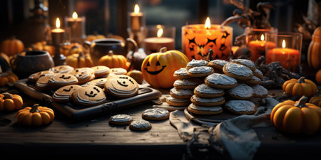 Halloween cookies on a wooden table with pumpkins and candlesticksの素材