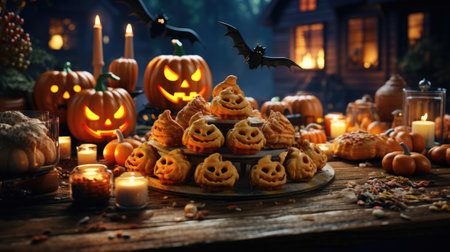 Halloween still life with cookies in the shape of pumpkins on a wooden tableの素材