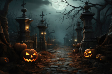 Halloween background with pumpkins and cemetery.の素材