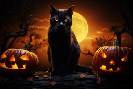 Black cat sitting in front of pumpkins and jack o lanterns on Halloween backgroundの素材