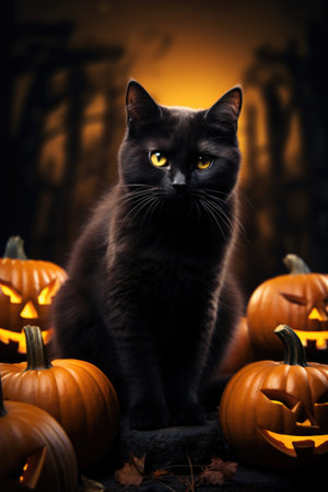 Halloween background with black cat and pumpkins on dark background.の素材