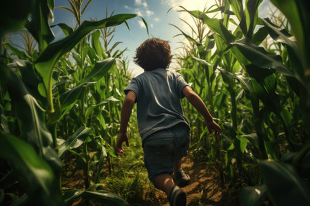 Rear view of a boy running through a corn field on a sunny dayの素材