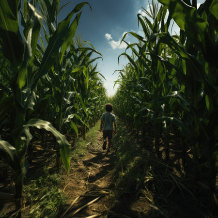 Young man running through a corn field in the evening.の素材