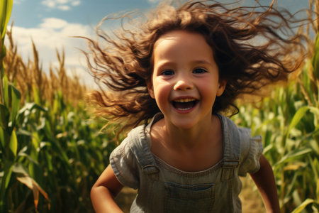 Little girl playing in a cornfield with her hair in the windの素材
