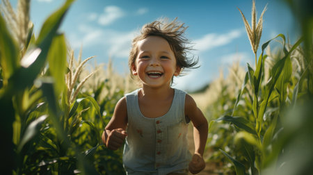 Little girl running in corn field. Happy child running in corn field.の素材