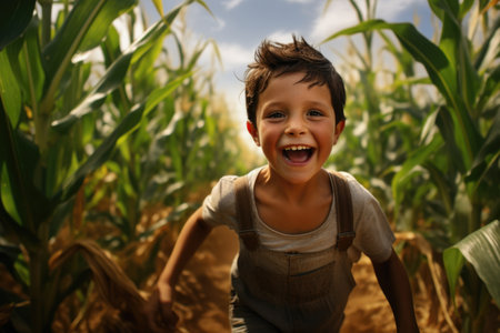 Portrait of a little boy in a cornfield smiling at the cameraの素材
