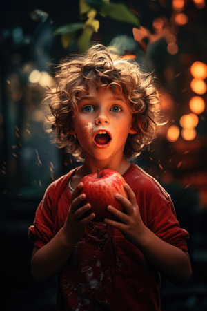 Surprised boy with red apple in his hands. Halloween.の素材