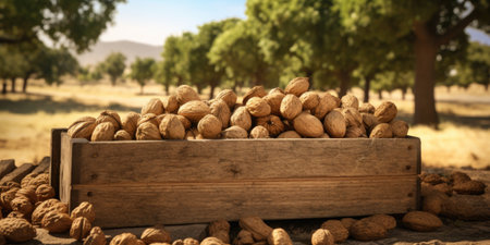 Walnuts in a wooden box on the background of the field.の素材