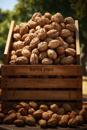 Walnuts in a wooden box on a background of green trees.の素材