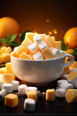 Cup of hot chocolate with marshmallows and orange on dark backgroundの素材