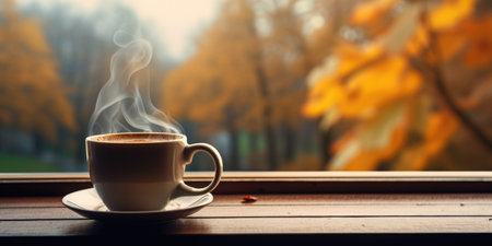 Cup of coffee on the windowsill in the autumn forest.の素材