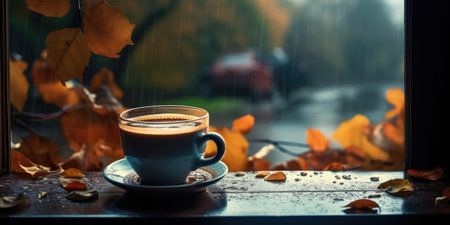 Cup of coffee on rainy day with autumn leaves and raindropsの素材