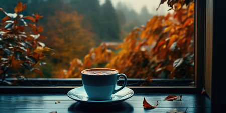 Cup of coffee on the windowsill with autumn leaves in the backgroundの素材
