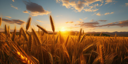 Golden wheat field at sunset. Beautiful nature landscape. Rural scene.の素材